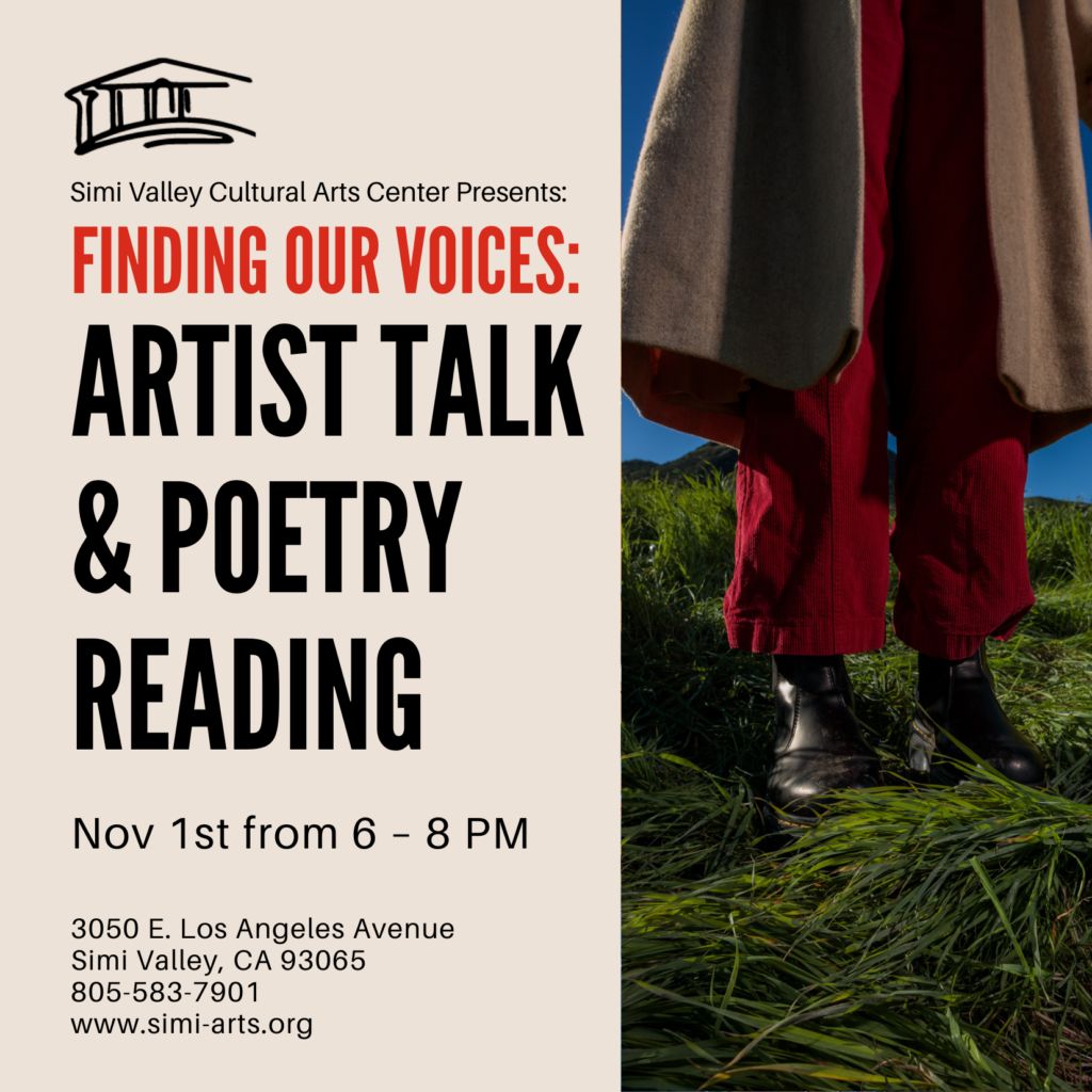an event flyer with an waste down image of a person wearing black boots, red pants, and a long tan jacket.